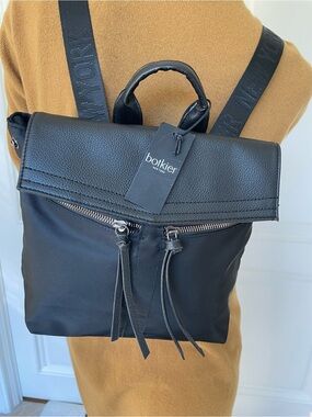 Botkier New York Black Foldover Backpack Nylon Faux Leather Laptop Travel Bag